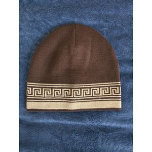 Versace Greca Greek Key Knit Beanie Brown Beige Unisex Skull Cap